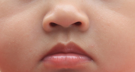 Nose and mouth of infants aged 4 months. Focus on mouth.