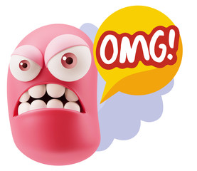 3d Illustration Angry Face Emoticon saying OMG with Colorful Spe