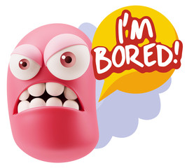 3d Illustration Angry Face Emoticon saying I'm Bored with Colorf