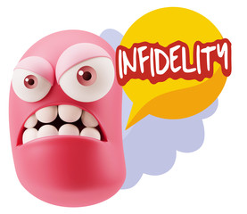 3d Illustration Angry Face Emoticon saying Infidelity with Color