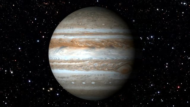 Jupiter Rotating, The Jupiter Spinning, Full Rotation, Seamless Loop - Realistic Planet Turning 360 Degrees on Moving Star Backgrund