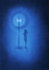girl in the twilight under the lamp