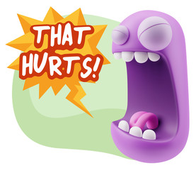 3d Illustration Angry Face Emoticon saying That Hurts with Color