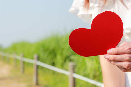A women is holding a paper red heart in the garden ,soft cocus