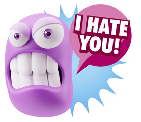 3d Illustration Angry Face Emoticon saying I Hate you with Color