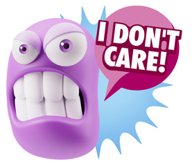 3d Illustration Angry Face Emoticon saying I Don't Care with Col
