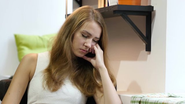 Beautiful Girl Sleeping at Work, Sitting tired