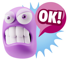 3d Illustration Angry Face Emoticon saying OK with Colorful Spee