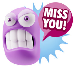 3d Illustration Angry Face Emoticon saying Miss You with Colorfu