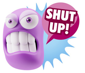 3d Illustration Angry Face Emoticon saying Shut Up with Colorful