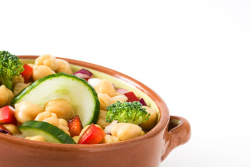 Chickpea salad in brown bowl isolated on white background

