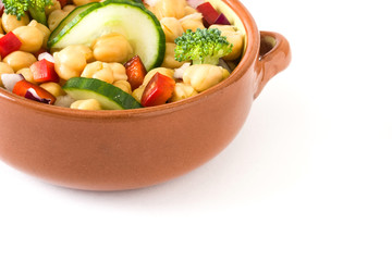 Chickpea salad in brown bowl isolated on white background

