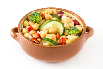 Chickpea salad in brown bowl isolated on white background

