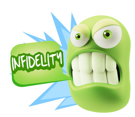 3d Illustration Angry Face Emoticon saying Infidelity with Color