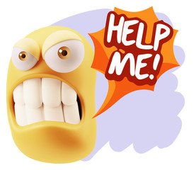 3d Illustration Angry Face Emoticon saying Help me with Colorful