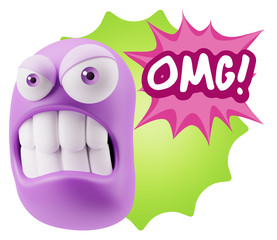 3d Illustration Angry Face Emoticon saying OMG with Colorful Spe