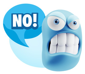 3d Illustration Angry Face Emoticon saying No with Colorful Spee