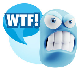 3d Illustration Angry Face Emoticon saying WTF with Colorful Spe