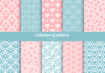 Set of seamless patterns. Romantic background with pastel colors. Backdrop with hearts and stylized flowers. Delicate ornament for design. Vector illustration.
