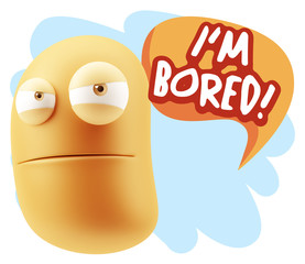 3d Illustration Angry Face Emoticon saying I'm Bored with Colorf