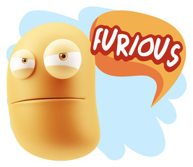 3d Illustration Angry Face Emoticon saying Furious with Colorful