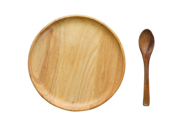 Wooden spoon and wooden plate or wooden dish on white background