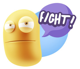3d Illustration Angry Face Emoticon saying Fight with Colorful S