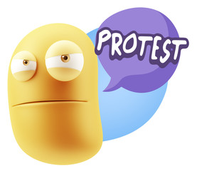3d Illustration Angry Face Emoticon saying Protest with Colorful