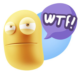 3d Illustration Angry Face Emoticon saying WTF with Colorful Spe