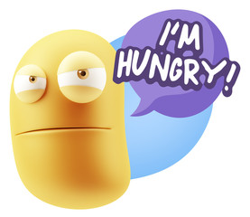 3d Illustration Angry Face Emoticon saying I'm Hungry with Color