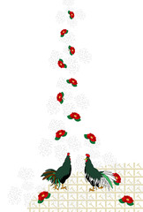 にわとりと椿の花のイラストepsベクター年賀状テンプレート素材