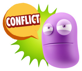 3d Illustration Angry Face Emoticon saying Conflict with Colorfu