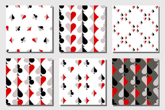 Set of seamless vector patterns with icons of playings cards. Endless backgrounds. Graphic illustration. Series of gaming and dambling seamless vector patterns.