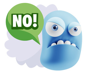 3d Illustration Angry Face Emoticon saying No with Colorful Spee