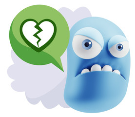 3d Illustration Angry Face Emoticon saying Heart Broken Icon wit