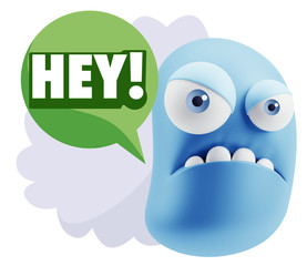 3d Illustration Angry Face Emoticon saying Hey with Colorful Spe