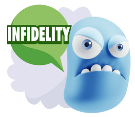 3d Illustration Angry Face Emoticon saying Infidelity with Color