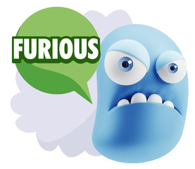 3d Illustration Angry Face Emoticon saying Furious with Colorful