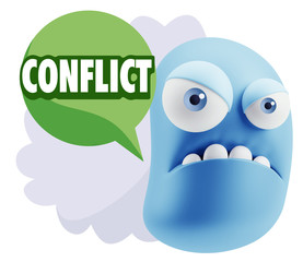 3d Illustration Angry Face Emoticon saying Conflict with Colorfu