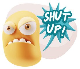 3d Illustration Angry Face Emoticon saying Shut Up with Colorful