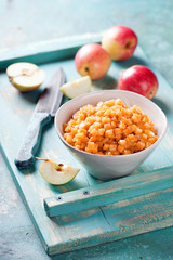 Homemade apple filling for pies, selective focus