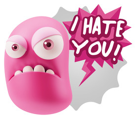 3d Illustration Angry Face Emoticon saying I Hate you with Color