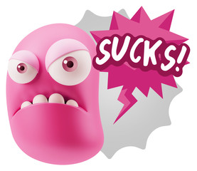 3d Illustration Angry Face Emoticon saying Sucks with Colorful S