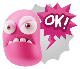 3d Illustration Angry Face Emoticon saying OK with Colorful Spee