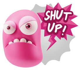 3d Illustration Angry Face Emoticon saying Shut Up with Colorful