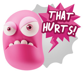 3d Illustration Angry Face Emoticon saying That Hurts with Color