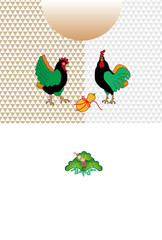 にわとりとひょうたんと松と日の出のイラストepsベクター年賀状テンプレート素材