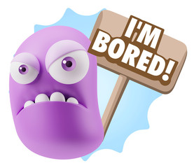 3d Illustration Angry Face Emoticon saying I'm Bored with Colorf
