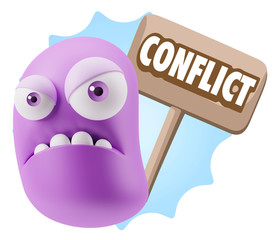 3d Illustration Angry Face Emoticon saying Conflict with Colorfu