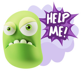 3d Illustration Angry Face Emoticon saying Help me with Colorful